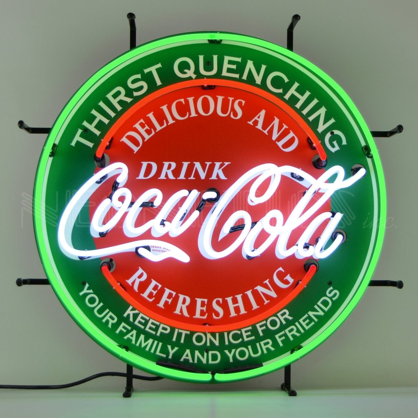 Coca-Cola Evergreen neon sign with slogan and brand logo.