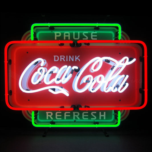 "Coca-Cola Pause Refresh" neon sign with red, white, and green colors.