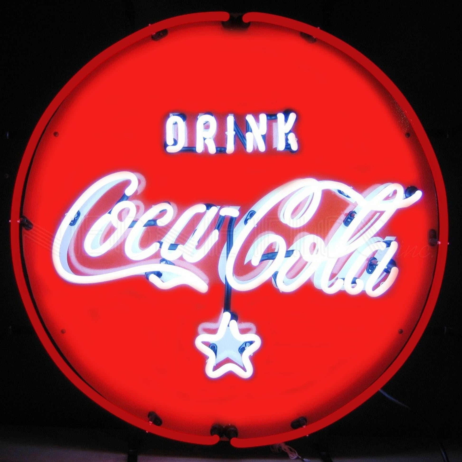 Classic Coca-Cola logo in red and white neon.