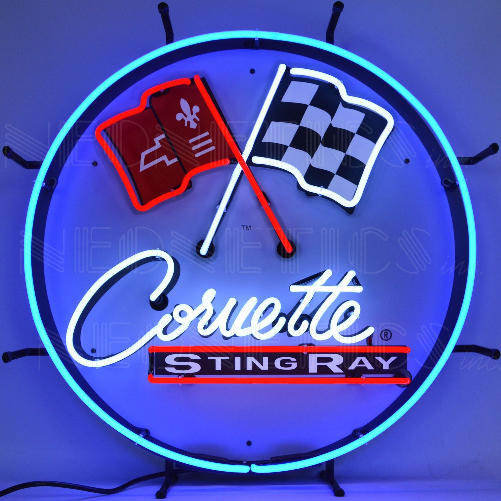 Corvette C2 Stingray Neon Sign, 24 inches wide by 24 inches high, featuring the iconic logo and Stingray emblem in neon.