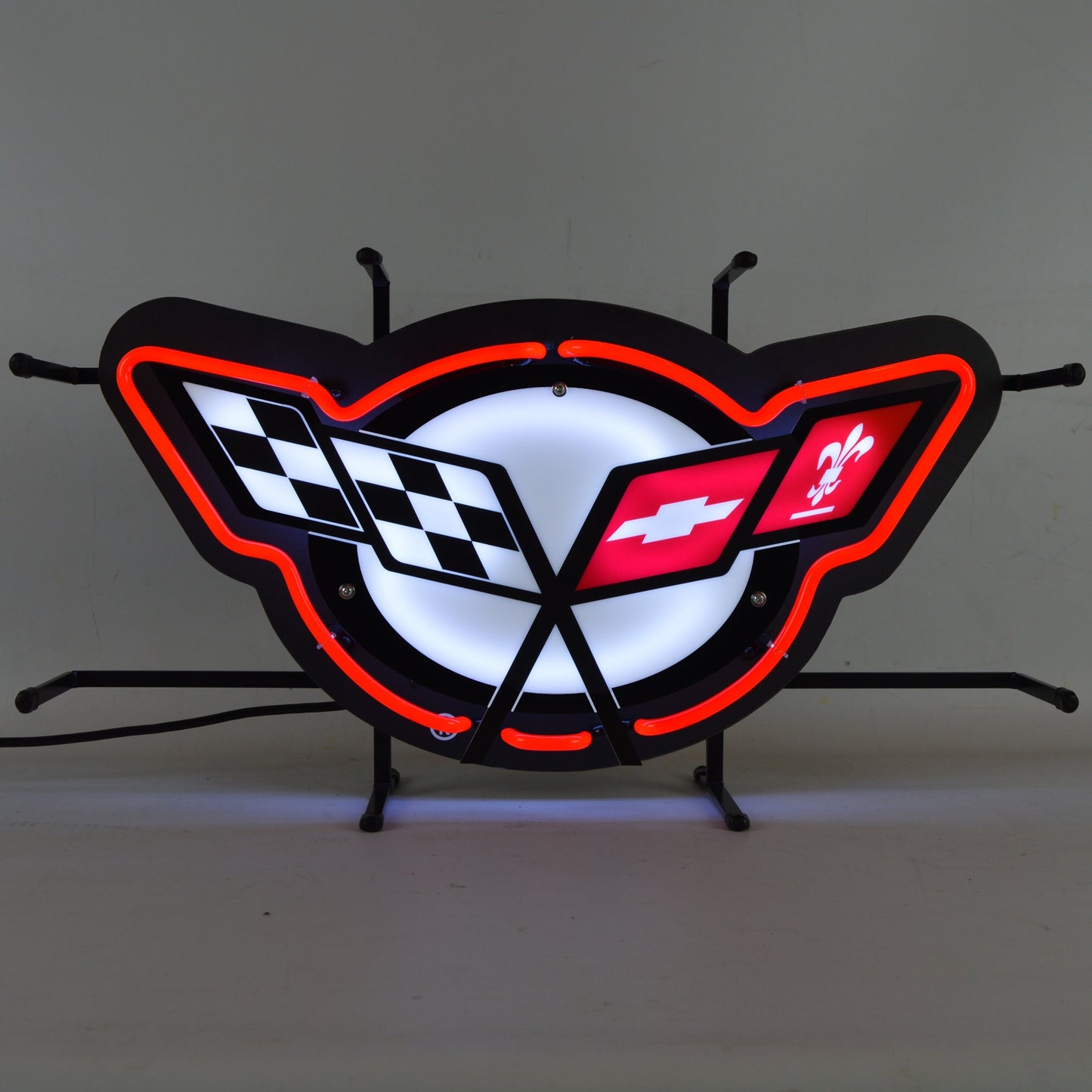 A vibrant, red and white Corvette C5 neon sign with a sleek black backing, perfect for adding a radiant touch to any garage or collector's space.
