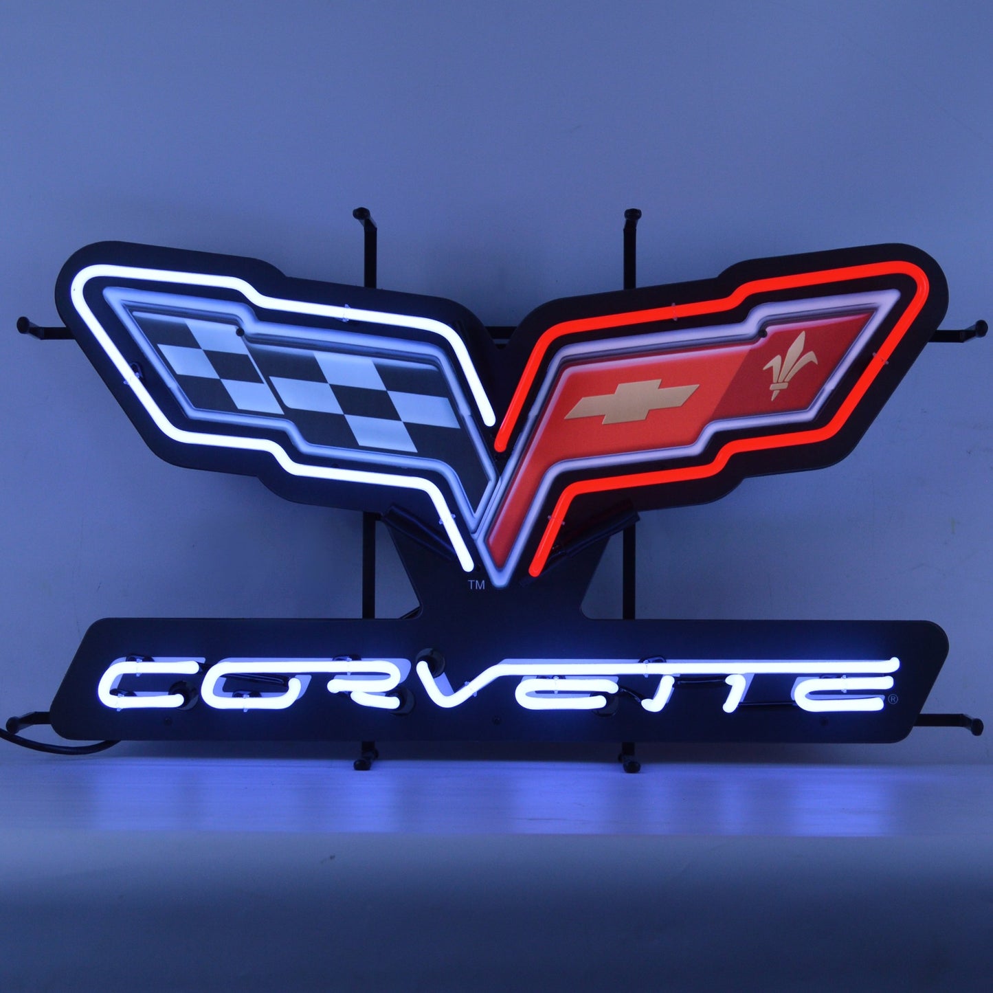 An eye-catching Corvette C6 Flags Neon Sign with the iconic checkered flags and logo in bright neon colors, designed to be the centerpiece of any car lover's space.