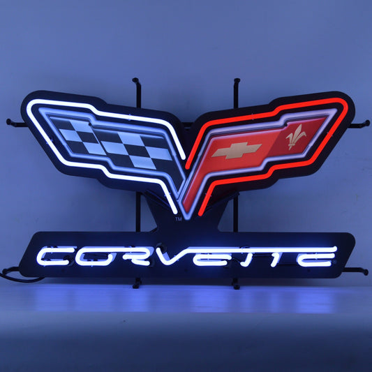 An eye-catching Corvette C6 Flags Neon Sign with the iconic checkered flags and logo in bright neon colors, designed to be the centerpiece of any car lover's space.
