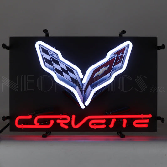 Corvette C7 Junior Neon Sign with the logo in white and 'CORVETTE' text in red neon, plug-in powered for indoor use