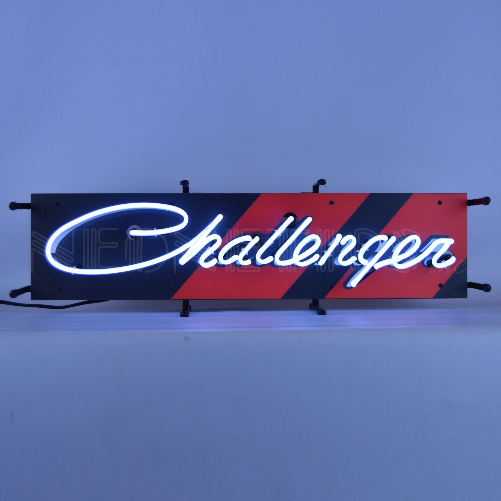 Dodge Challenger Junior Neon Sign with striking white neon and dynamic black and red background