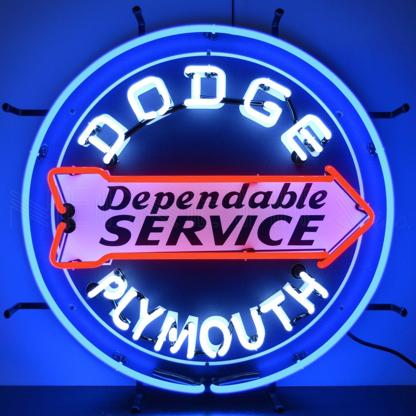 "Dodge Dependable Service" neon sign with blue and red colors.