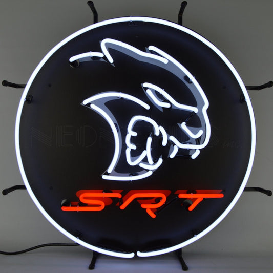 "Dodge Hellcat SRT" logo neon sign in white and red.