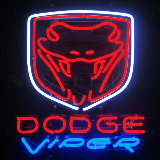 "DODGE VIPER" logo in red and blue neon lights.