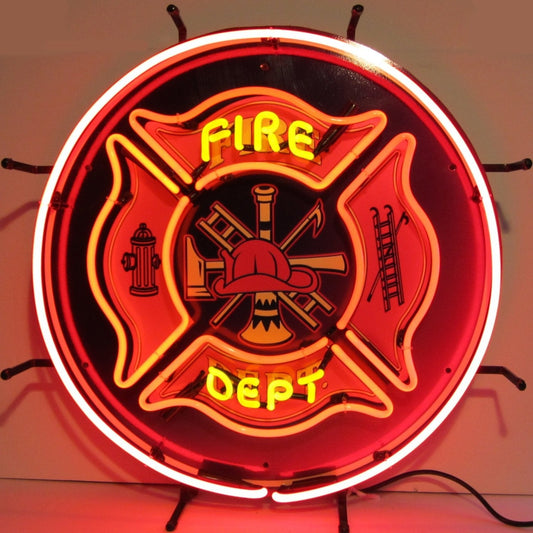 Vibrant red and yellow Fire Department neon sign.