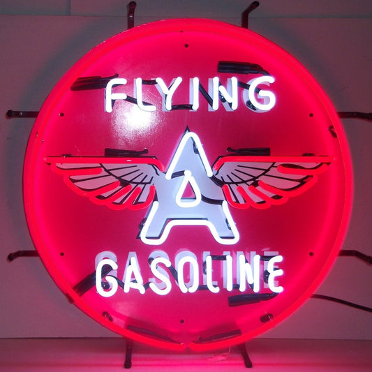 "Flying 'A' Gasoline" vintage neon sign in red and white.