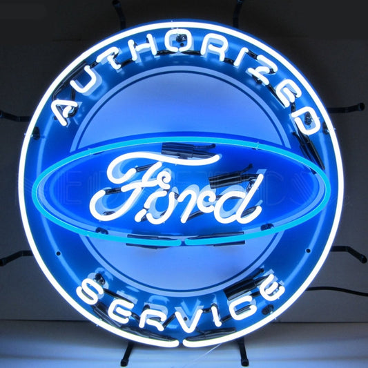 "Ford Authorized Service" blue and white neon sign.