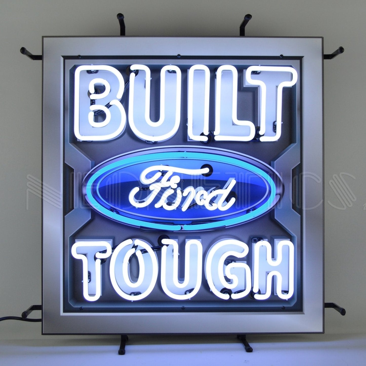 "Built Ford Tough" neon sign with prominent Ford logo in white and blue.