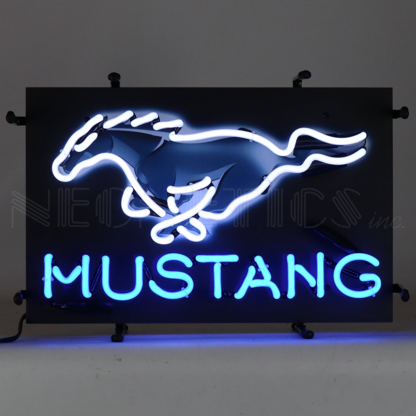 Ford Mustang Junior Neon Sign featuring iconic white horse logo on black with blue lettering for indoor use.