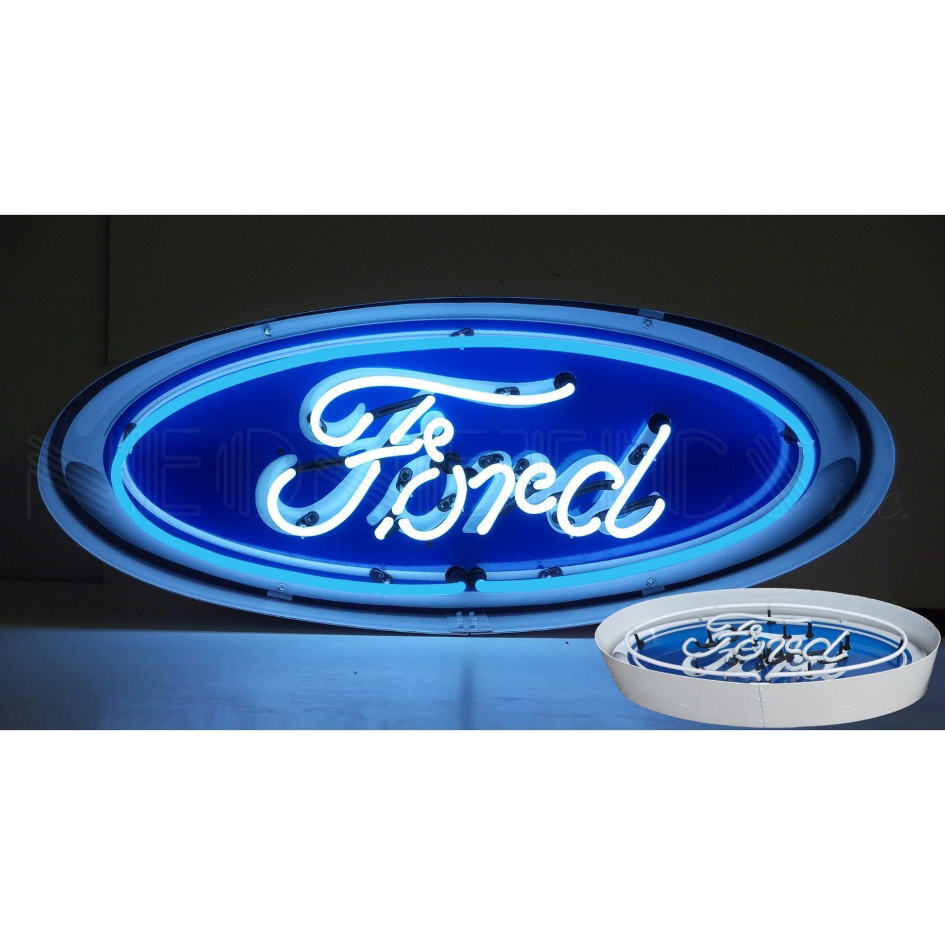 Ford Oval Neon Sign in a Steel Can, 30 inches wide by 12 inches high, showcasing the classic Ford logo in neon lights