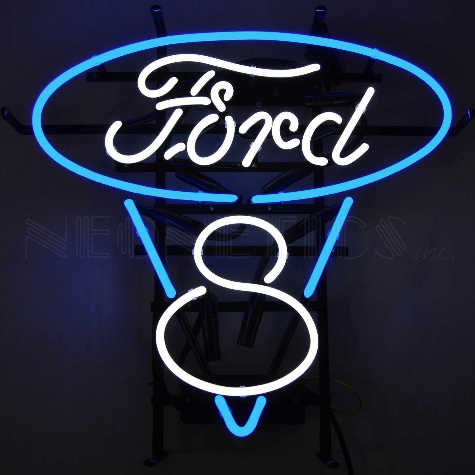 Electric blue and white Ford V8 neon sign