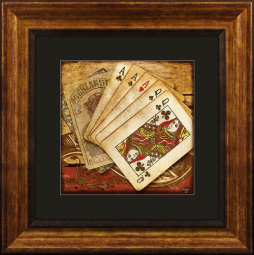 Vintage 'Full House' Queens & Aces framed artwork depicting a winning poker hand against a rustic backdrop, evoking classic card game nostalgia.