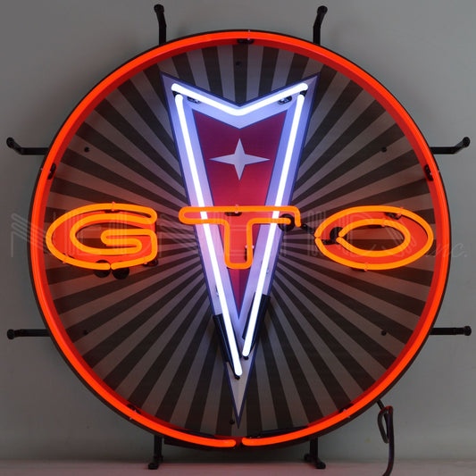 "GM Pontiac GTO" neon sign with emblem in red and white.