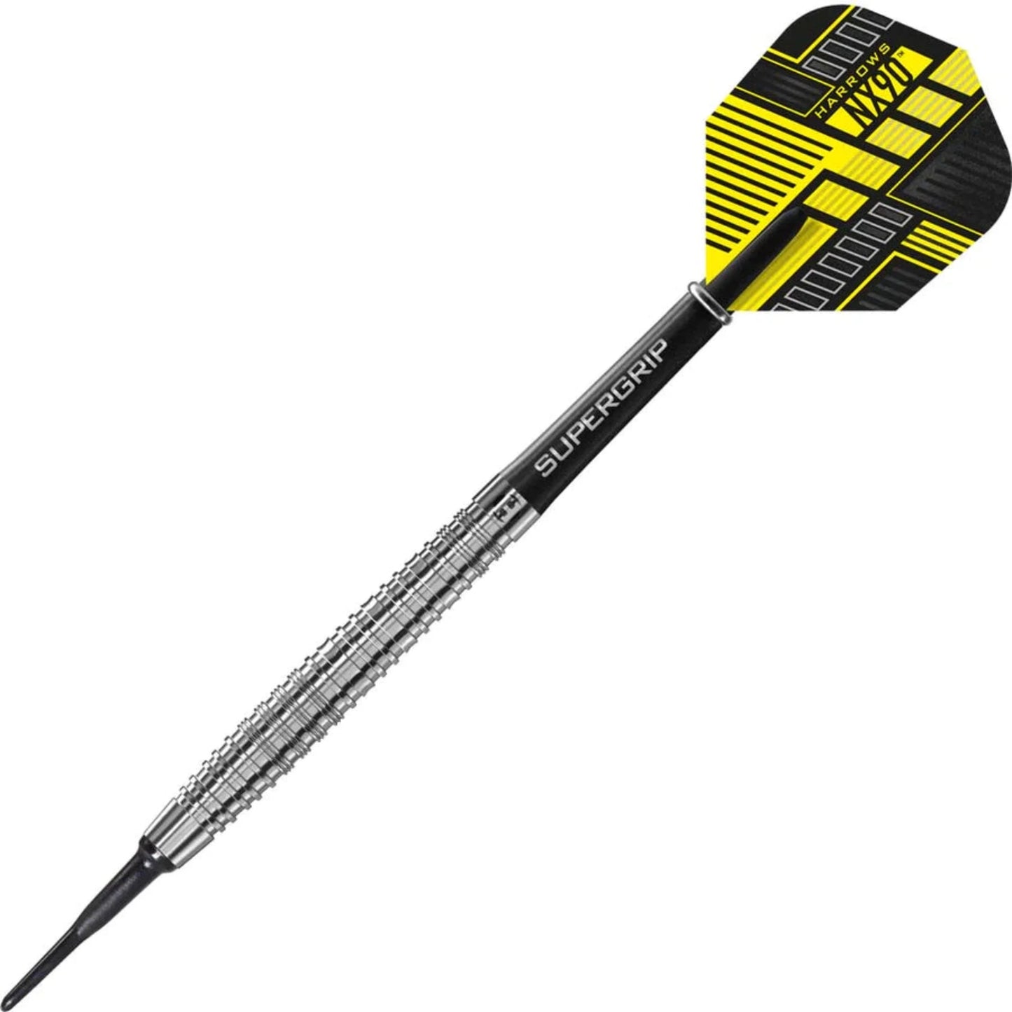 Harrows NX90 Soft Tip Darts with a 90% silver tungsten barrel featuring a combination of ringed, micro, and scalloped cuts for an advanced grip, tailored for intermediate and expert players.
