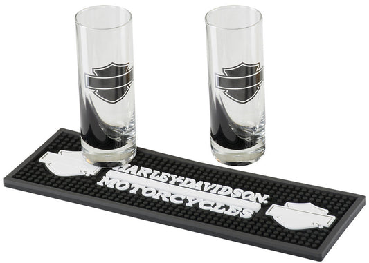 Harley Davidson Silhouette Bar & Shield Shooter Set w/Beverage Mat