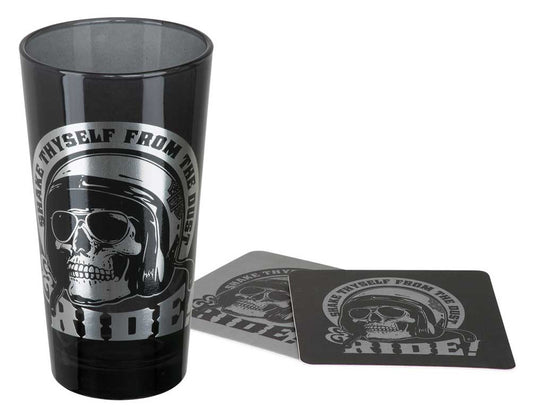 Harley Davidson Skull Rider Tall Glass Set w/Matching Coasters 20 oz.