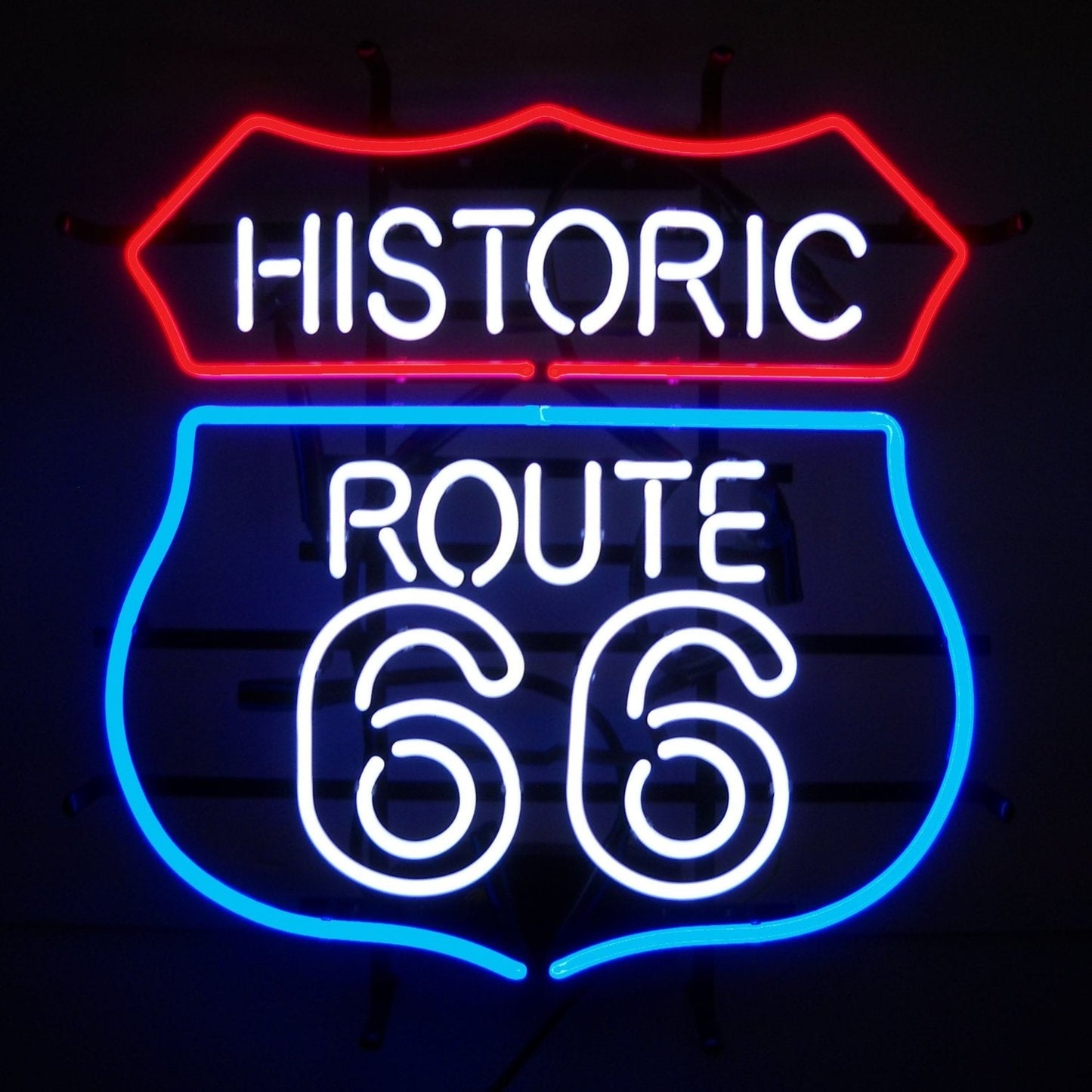 Vibrant Historic Route 66 neon sign in blue and red.