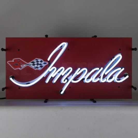 Impala Junior Neon Sign with iconic Impala script and logo in white neon against a vibrant red background