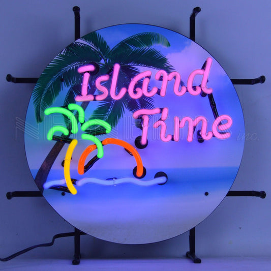 "Island Time Junior" neon sign with palm trees and hammock design.