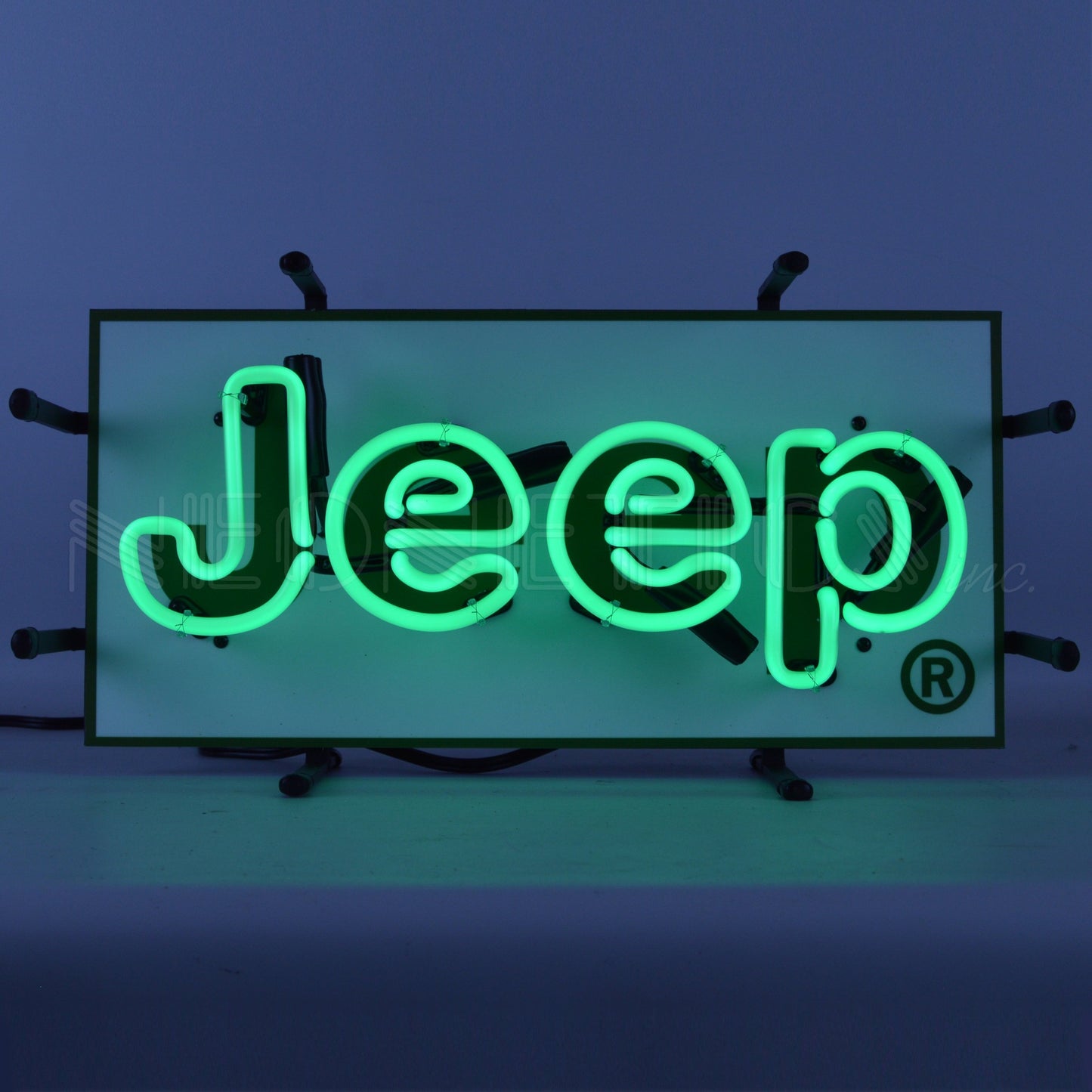 Jeep Green Junior Neon Sign featuring the iconic Jeep logo in vibrant green neon, perfect for adding a touch of adventure to any wall.