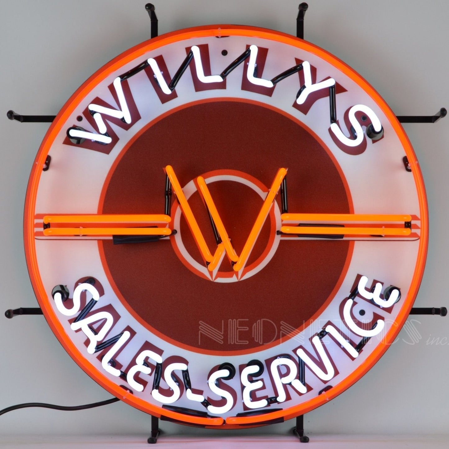 Vintage-inspired Jeep Willys Sales Service Neon Sign with classic white and orange neon tubes, perfect for adding a historical touch to a man cave or office.
