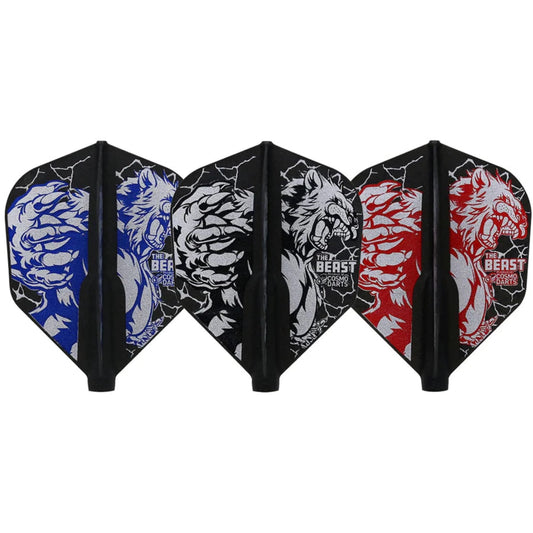 Tri-color set of Jeremiah Millar Signature Fit Flight Dart Flights with a vivid beast design, showcasing the precision and power of the Fit Flight system. Each flight has a black main color, while each flight has a depiction of "the beast" in Blue, White, and Red.