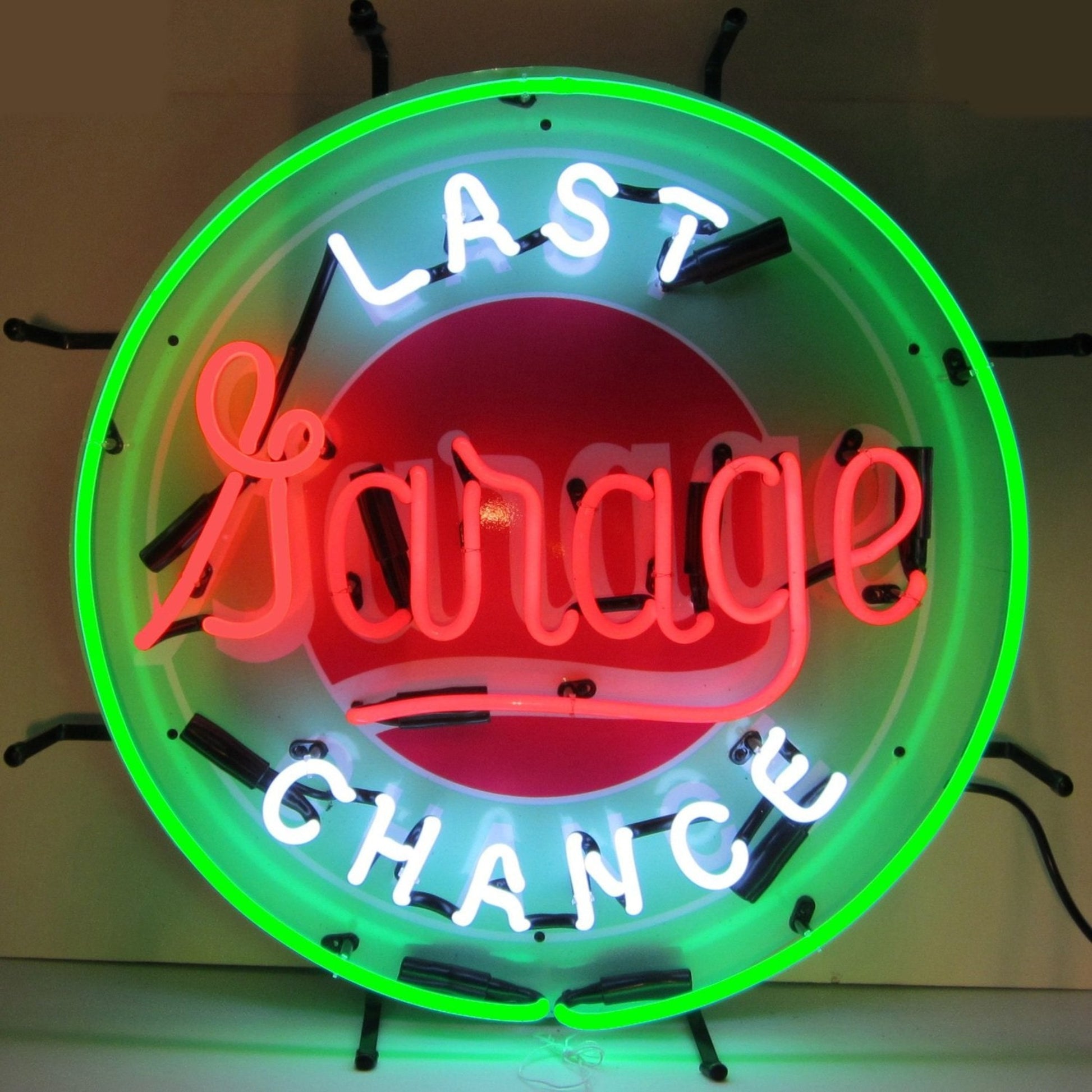 "Last Chance Garage" Neon Sign in radiant red and green, perfect for adding a retro and illuminated touch to any garage or man cave space.