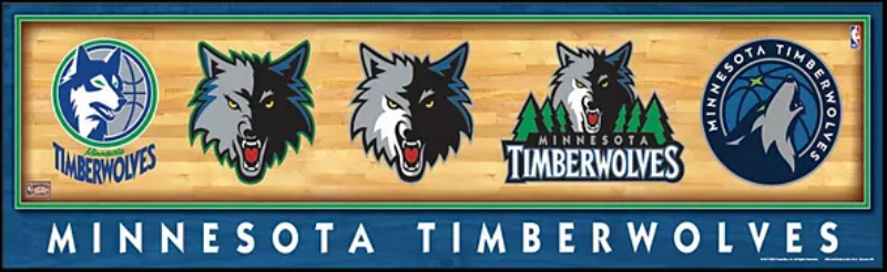 Wood sign displaying the evolution of Minnesota Timberwolves logos, ideal for fans' home decor and game-day spirit.