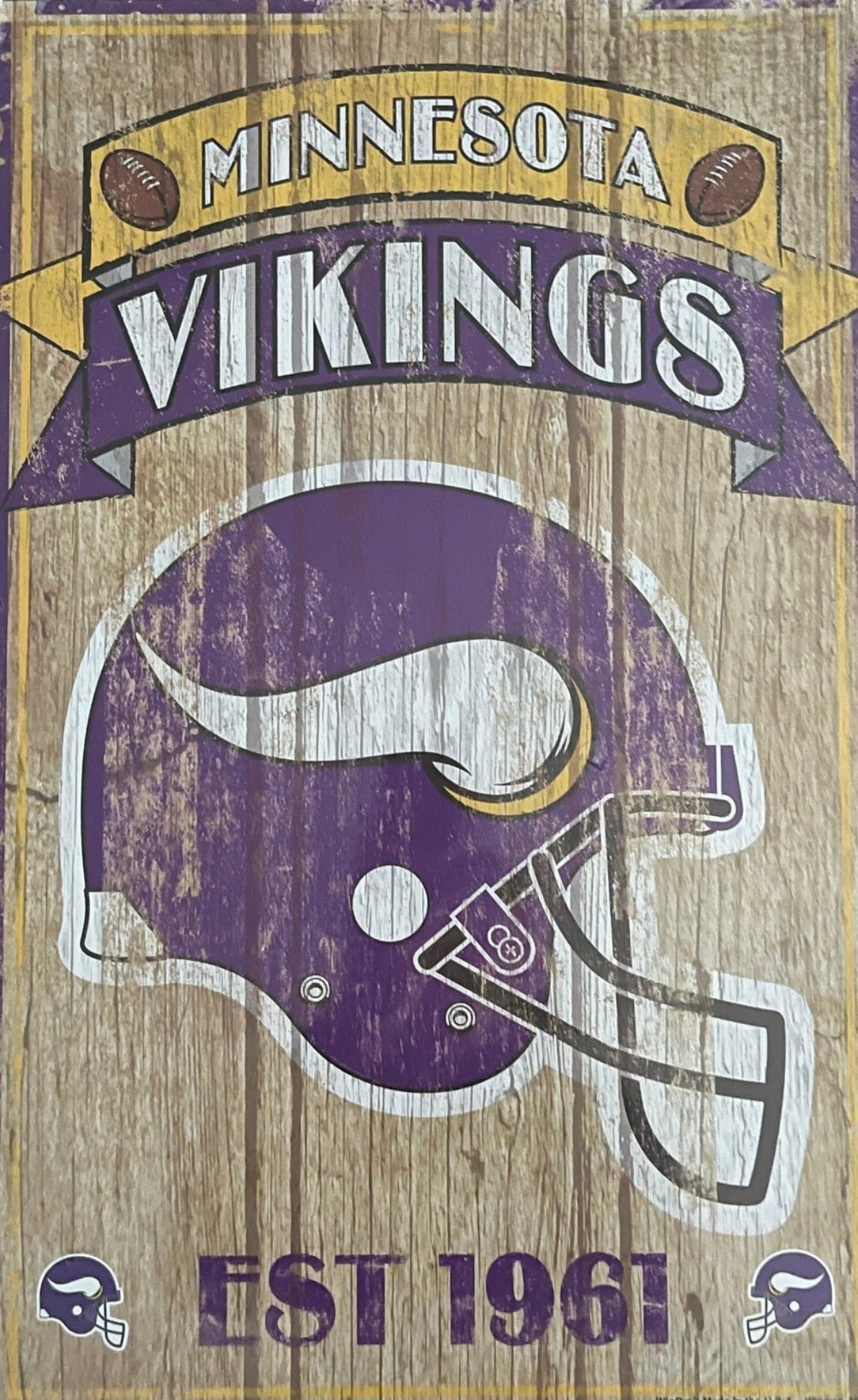 Durable wood sign featuring a Vikings helmet and the establishment year of the Minnesota Vikings, ideal for adding a historical touch to any fan's space.