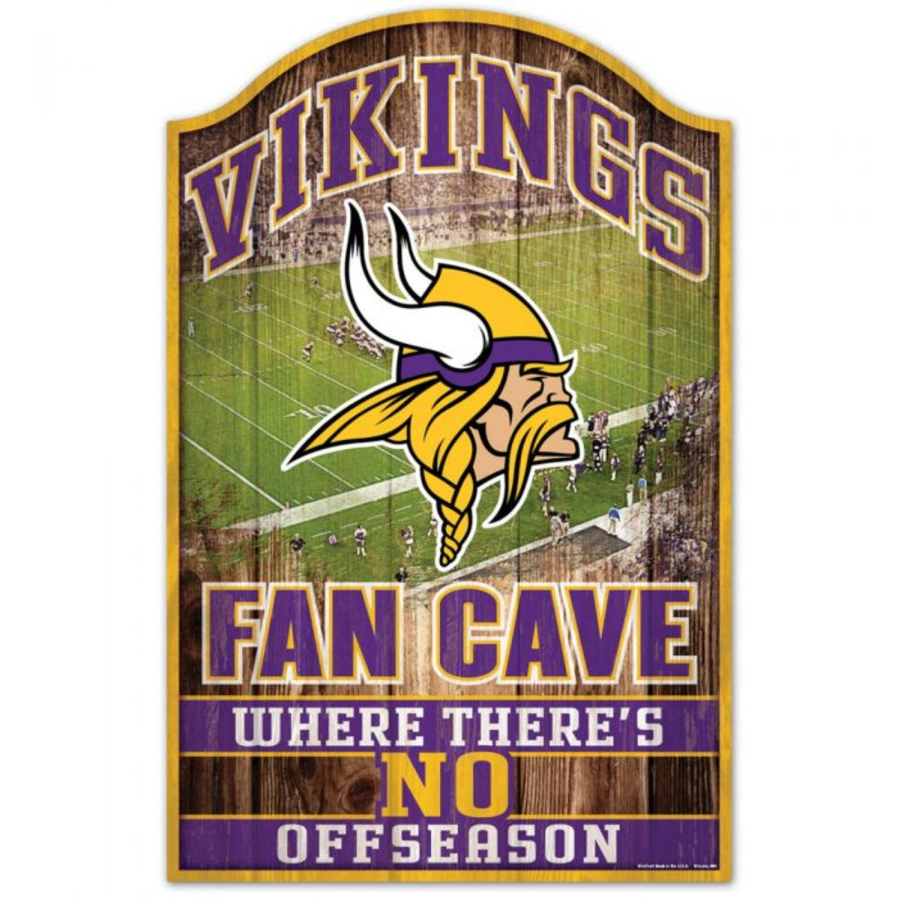 Minnesota Vikings Fan Cave Stadium print on a wooden sign, 11 by 17 inches.