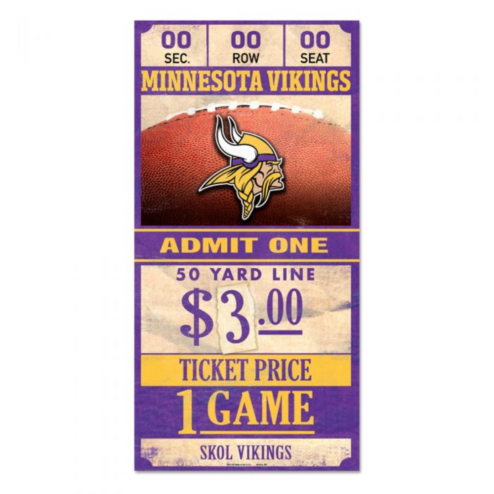Minnesota Vikings retro ticket design on a 6 by 12 inches wooden sign.