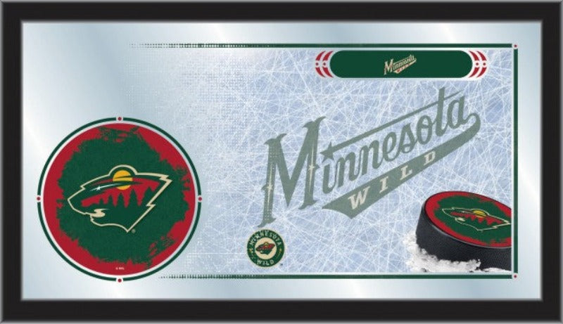 Collector series mirror featuring Minnesota Wild logo and graphic design, with black wood frame, for fans' collection.