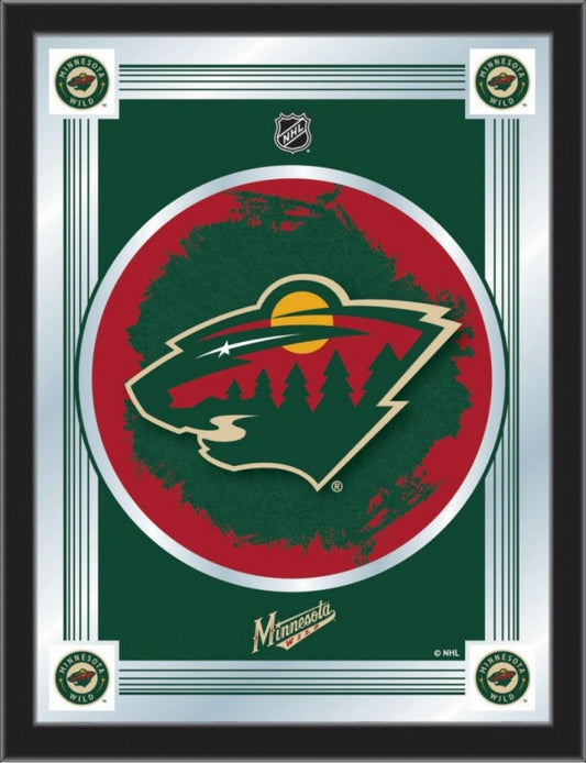 Minnesota Wild logo framed mirror with black wood frame and mirrored accents for hockey fans.