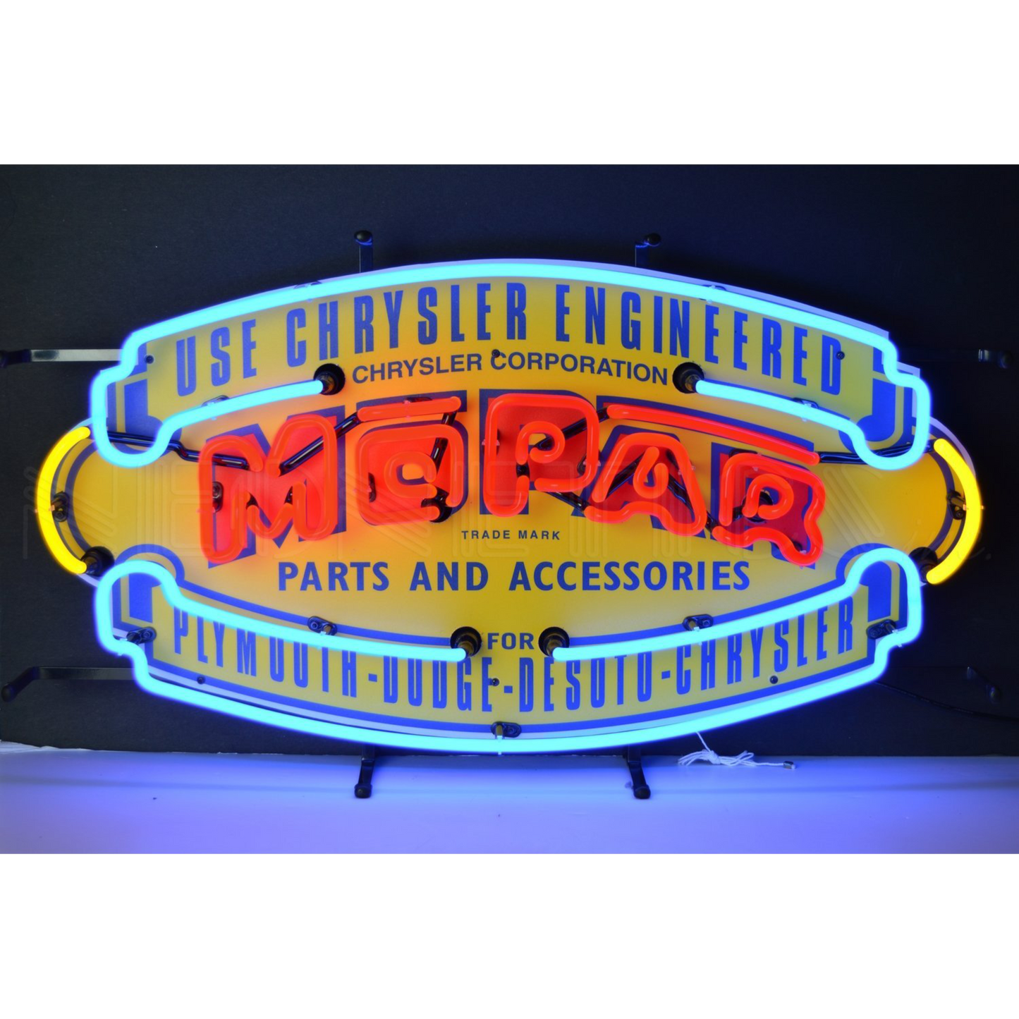 Illuminated Mopar Vintage Shield Neon Sign, featuring bright colors and classic lettering, encapsulating the essence of automotive excellence and history.
