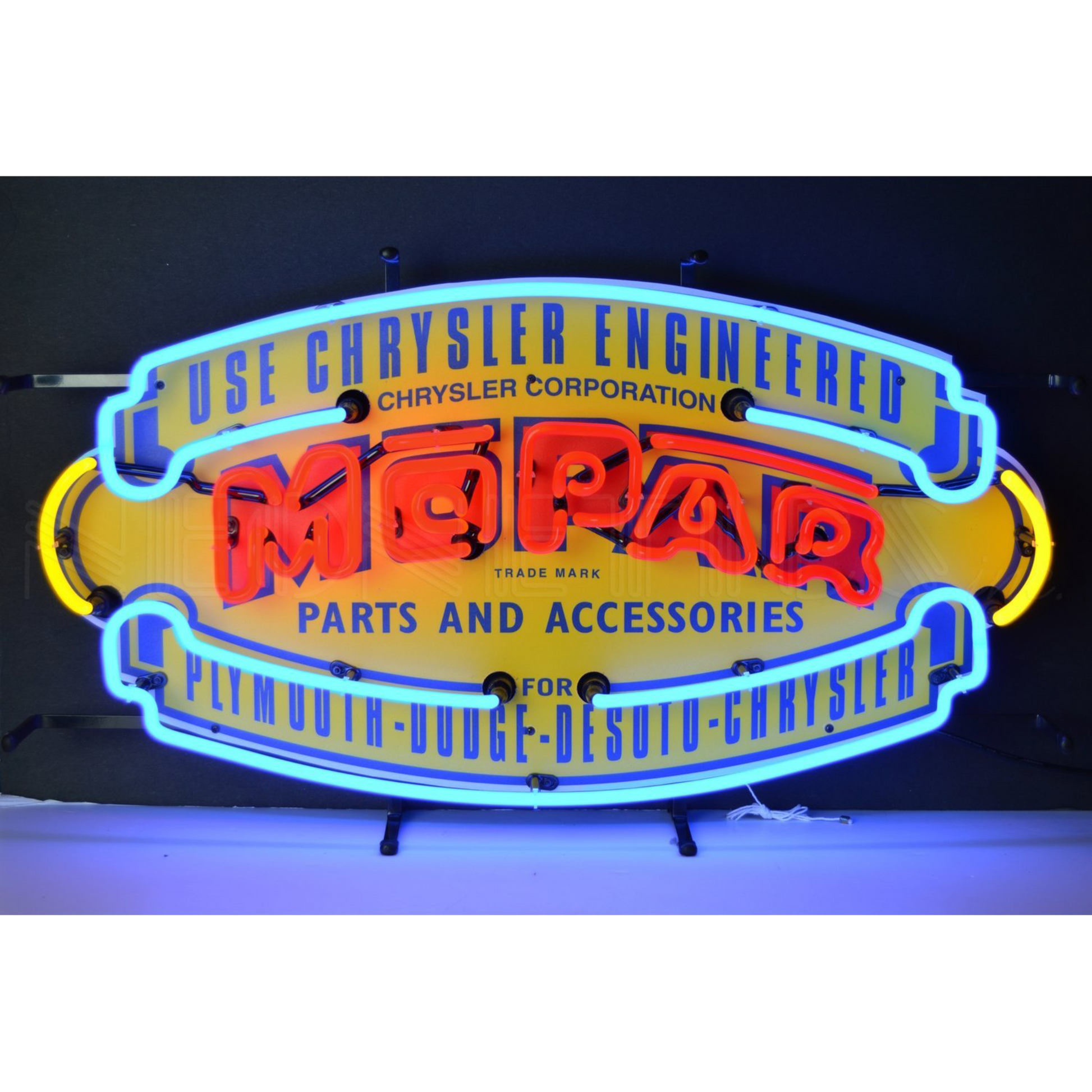 Illuminated Mopar Vintage Shield Neon Sign, featuring bright colors and classic lettering, encapsulating the essence of automotive excellence and history.