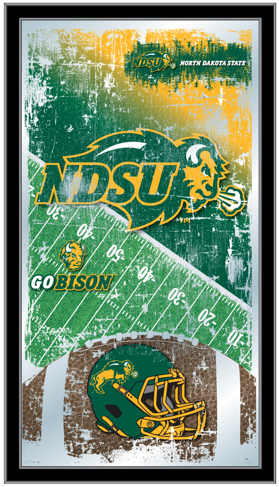 Front view of NDSU Bison Football Mirror with vibrant team logo and field design.