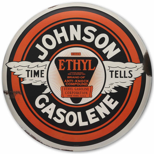 Vintage Johnson Gasolene metal sign with Ethyl branding and bold orange and black design.