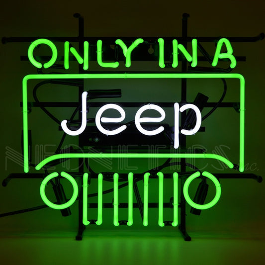 The "Only In A Jeep" Neon Sign in vibrant green and white, showcasing the iconic Jeep outline, perfect for adding a splash of adventure to any space.