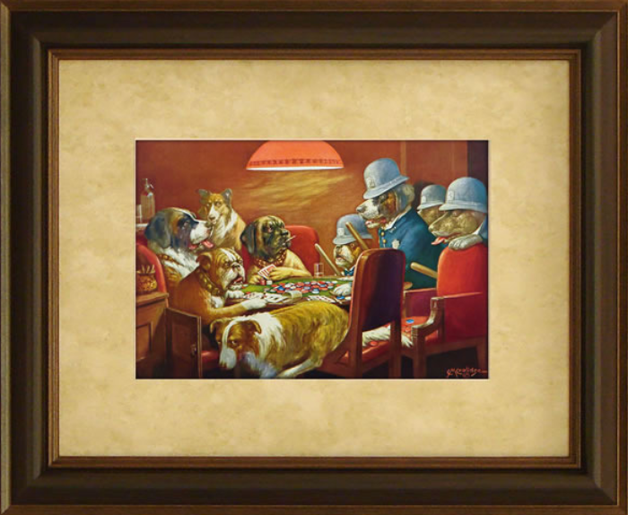 'Pinched with Four Aces' - A captivating framed artwork displaying three dogs embroiled in a tense card game, encapsulated in a classic dark wood frame.