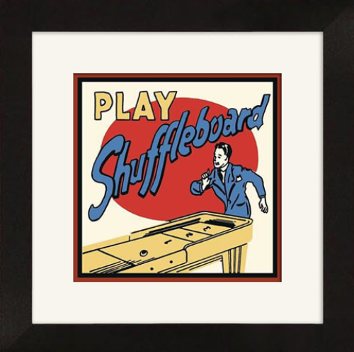 Vintage-style 'Play Shuffleboard' graphic in a black frame with bold red and blue accents, perfect for game room wall decor.