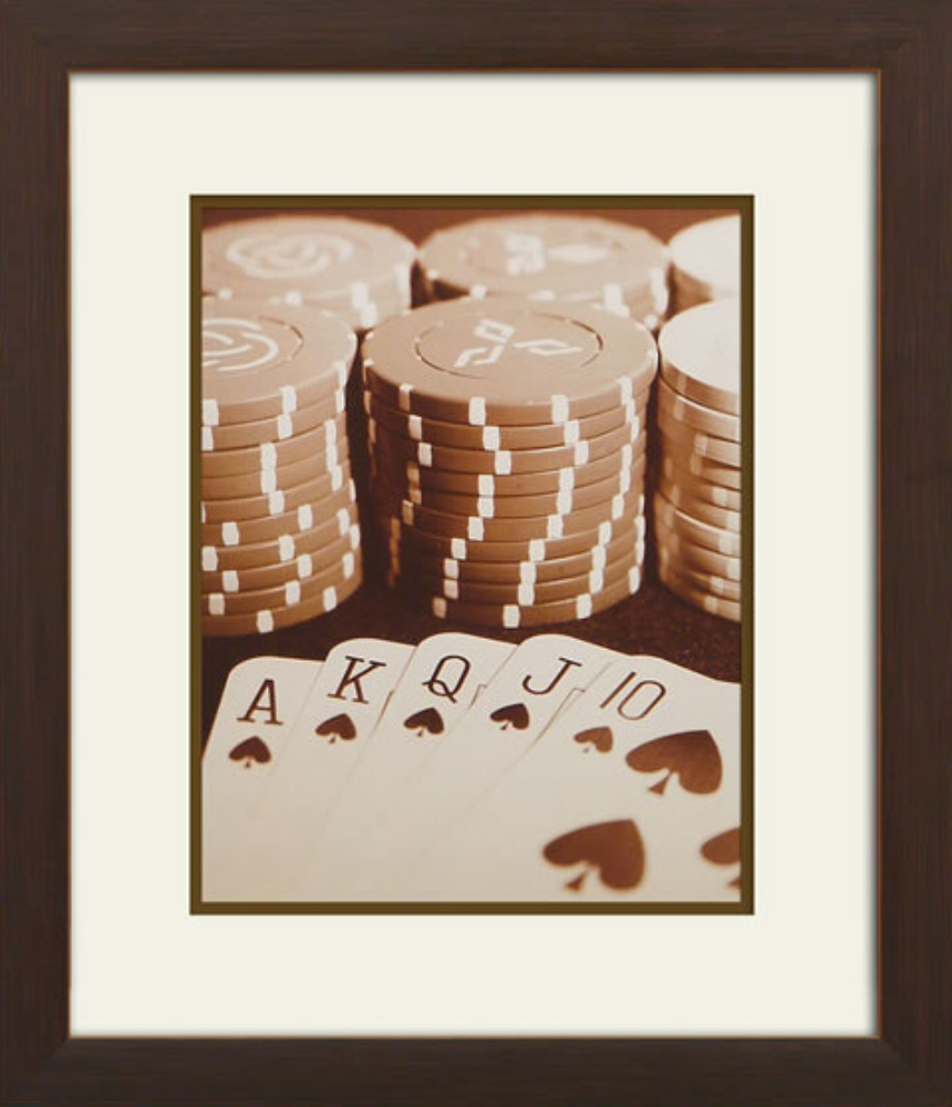 Sepia-toned framed artwork depicting a royal flush and poker chips, capturing the timeless allure and strategy of poker.