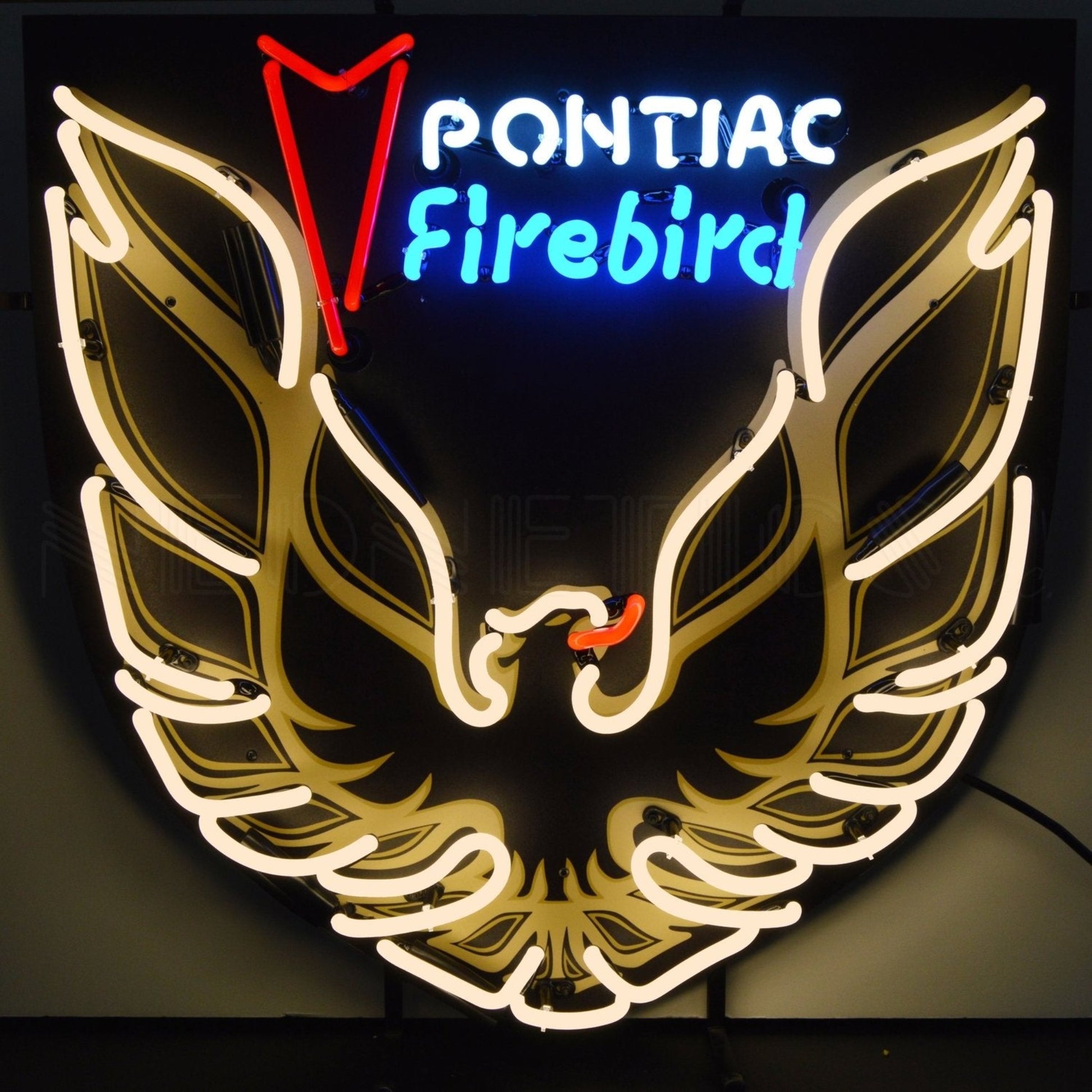 Pontiac Firebird logo neon sign in white, blue, and red