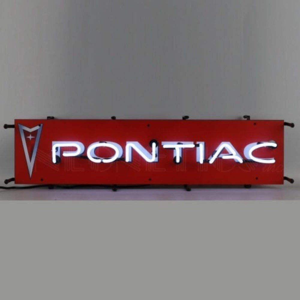 Vintage Pontiac Junior Neon Sign featuring the classic Pontiac emblem and script in white neon on a red background