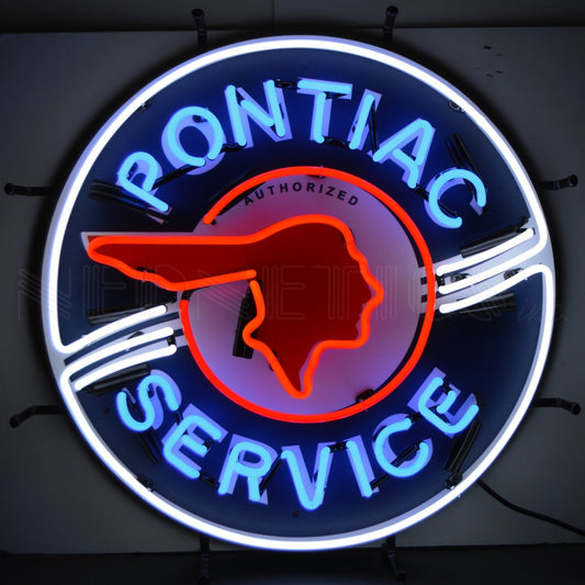 The Pontiac Service Neon Sign glows in vibrant red and blue, featuring the iconic Native American headdress emblem, ideal for classic car service shops and enthusiasts.
