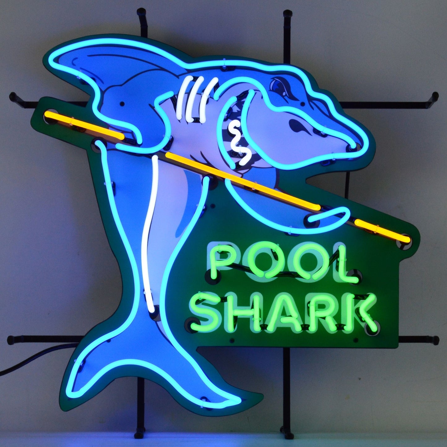 Pool Shark Neon Sign, 24 inches wide by 24 inches high, featuring a shark with a pool cue in neon lights.