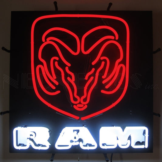 Intense red neon sign of the Ram logo, offering a striking visual that invigorates any space with its retro automotive vibe.